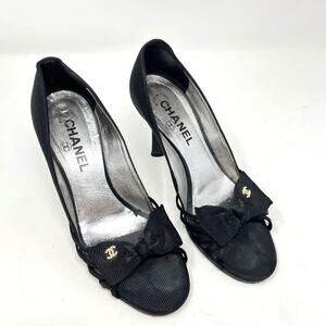 Vintage Chanel CC Pearl Black Heel Sandal Pump with Bow size 37 EU